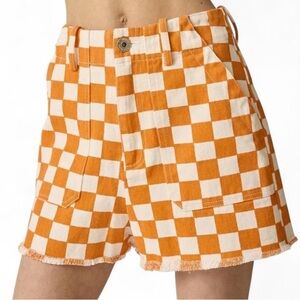 Papermoon Orange Checkered High-Waist Denim Shorts | Game Day Colleen Y2K Fray
